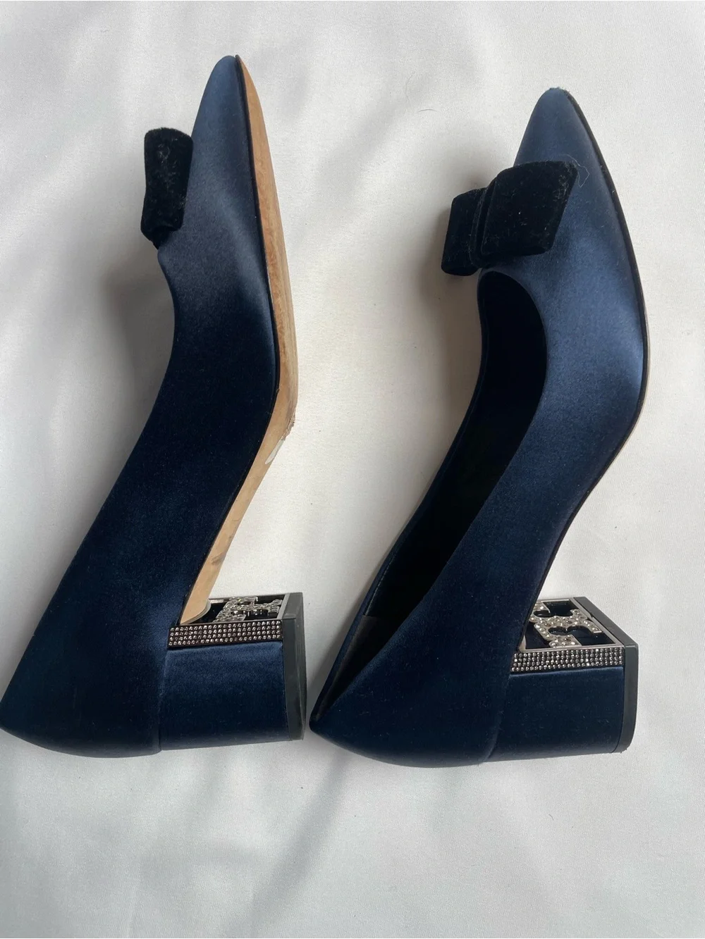Tory Burch Navy Satin Pointed Flats with Black Velvet Bow